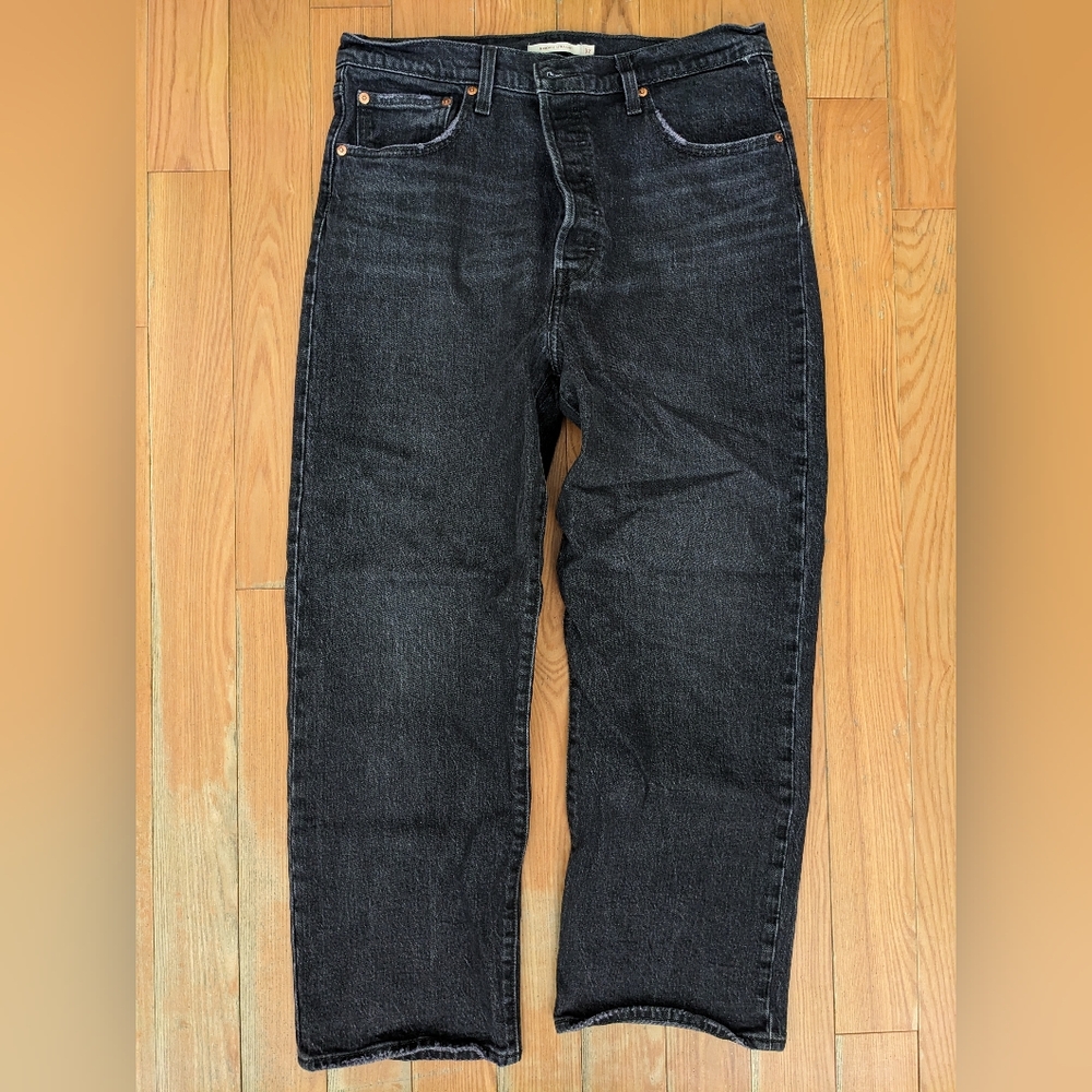 Levi's Ribcage Straight Black Dark Wash Jeans Size 12 Button Fly